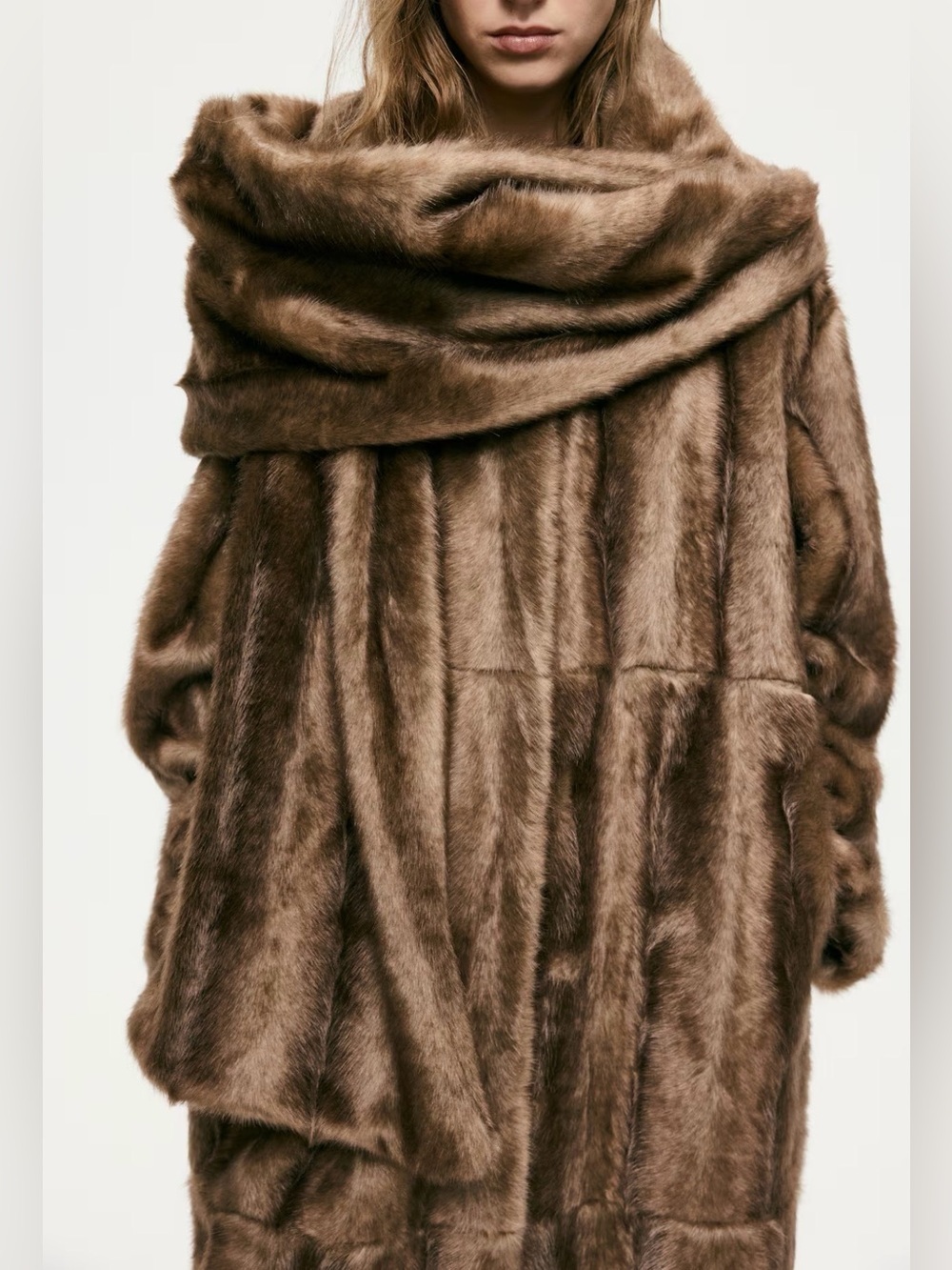 Viral H&M Fur Coat With Scarf-Detail New Luxurious Brown Faux Fur Coat Sz Small - Picture 4 of 14
